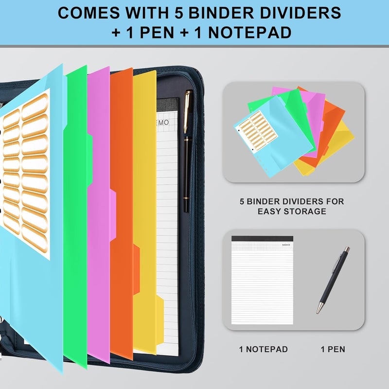 Eshow Portfolio Organizer - 3 Ring Binder with Zipper, Vegan Leather Business Padfolio Folder with Notepad Includes 5 Color Sheet Protectors for Documents Files for Men Women - Image 3
